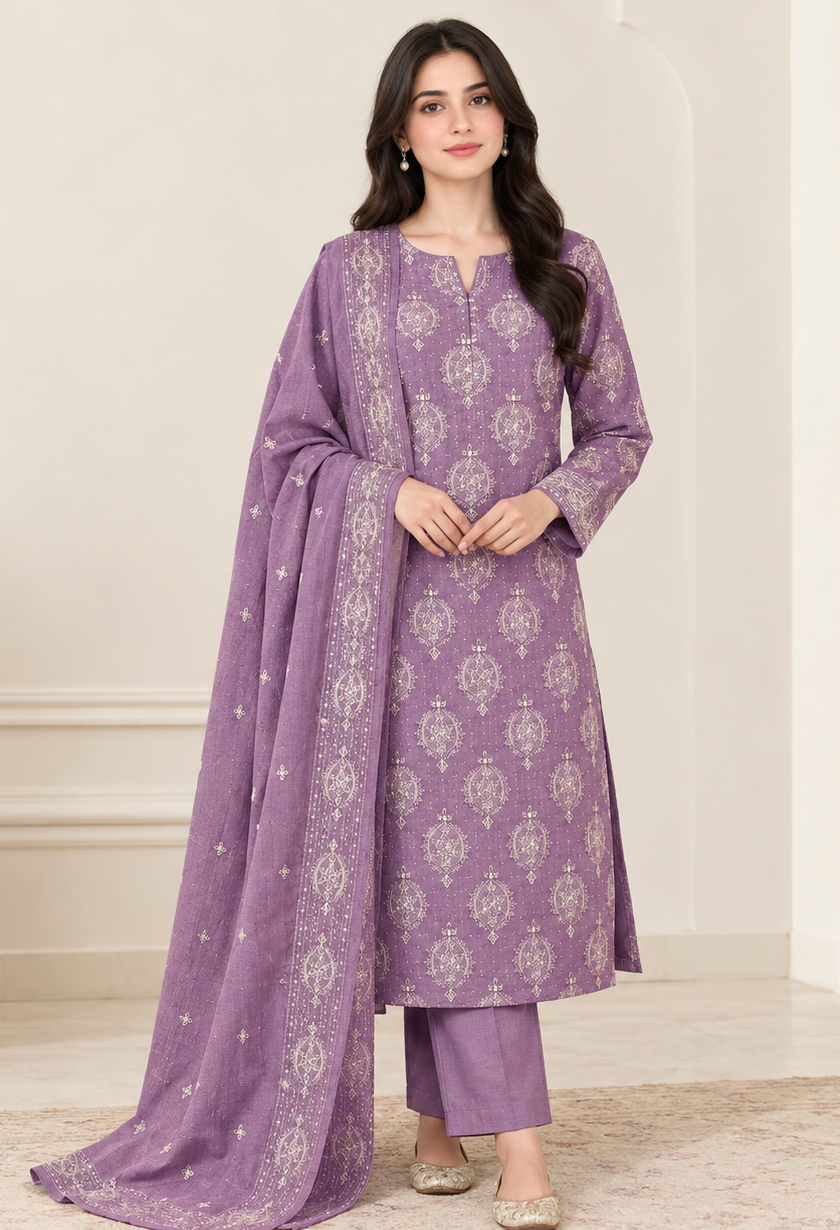 3 PC Purple Embroidered Unstitched Suit with Embroidered Dupatta 3 PC Purple Embroidered Unstitched Suit with Embroidered Dupatta