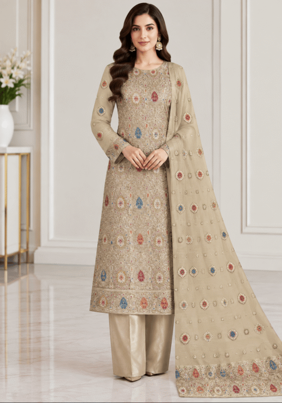 Banarsi 3 piece unstitched suit with embroidered dupatta front pose