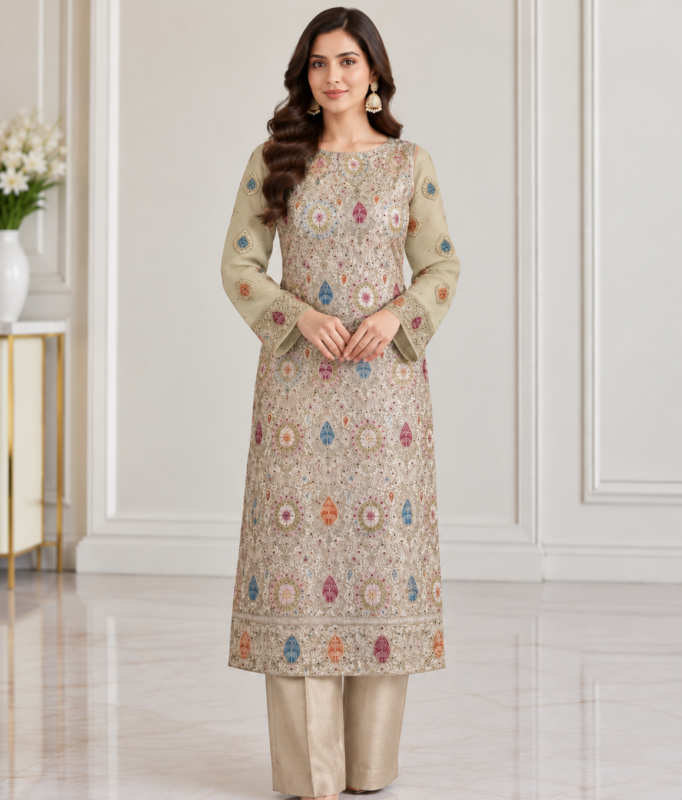 Banarsi 3 piece unstitched suit front pose without dupatta