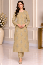 Beige embroidered shirt and matching trouser front pose without dupatta