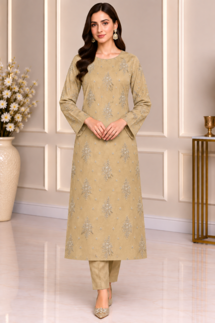 Beige embroidered shirt and matching trouser front pose without dupatta