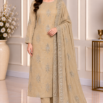 Beige embroidered 3 piece suit with matching embellished shawl