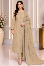Beige embroidered 3 piece suit with matching embellished shawl