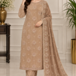 Beige velvet 3 piece embroidered suit with matching trousers and floral embroidered dupatta