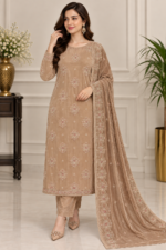 Beige velvet 3 piece embroidered suit with matching trousers and floral embroidered dupatta