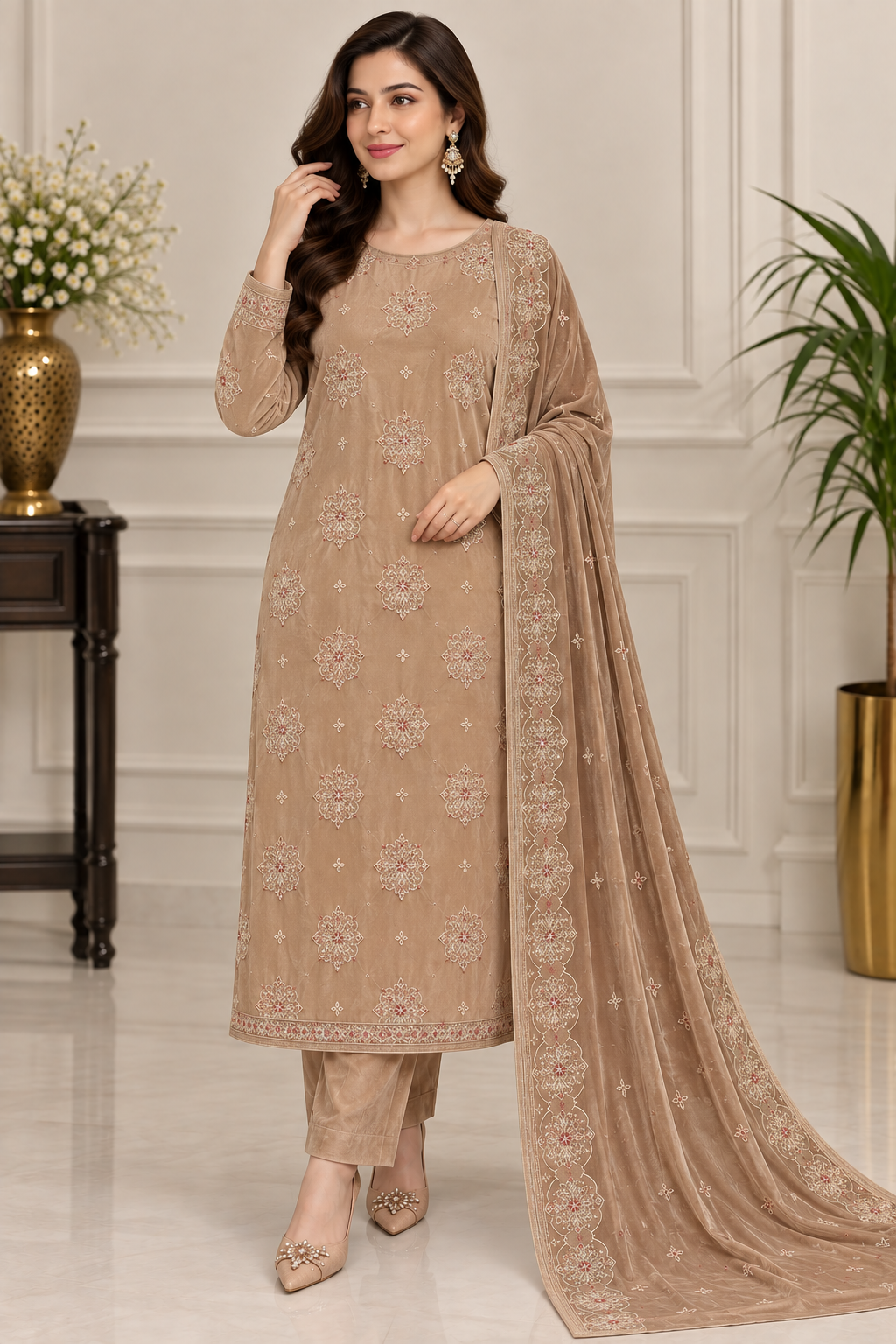 Beige Velvet Embroidered 3 Piece Suit with Dupatta Beige velvet 3 piece embroidered suit with matching trousers and floral embroidered dupatta
