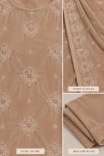 Closeup of beige velvet suit showing embroidered shirt, velvet dupatta border and matching trouser fabric