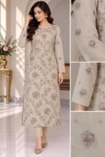 Beige embroidered chiffon 3 piece unstitched suit with floral dupatta and white trouser