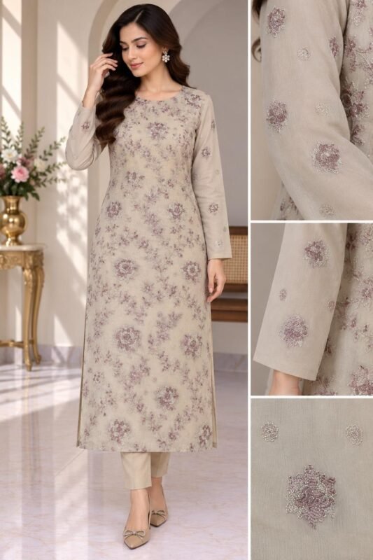Beige embroidered chiffon 3 piece unstitched suit with floral dupatta and white trouser