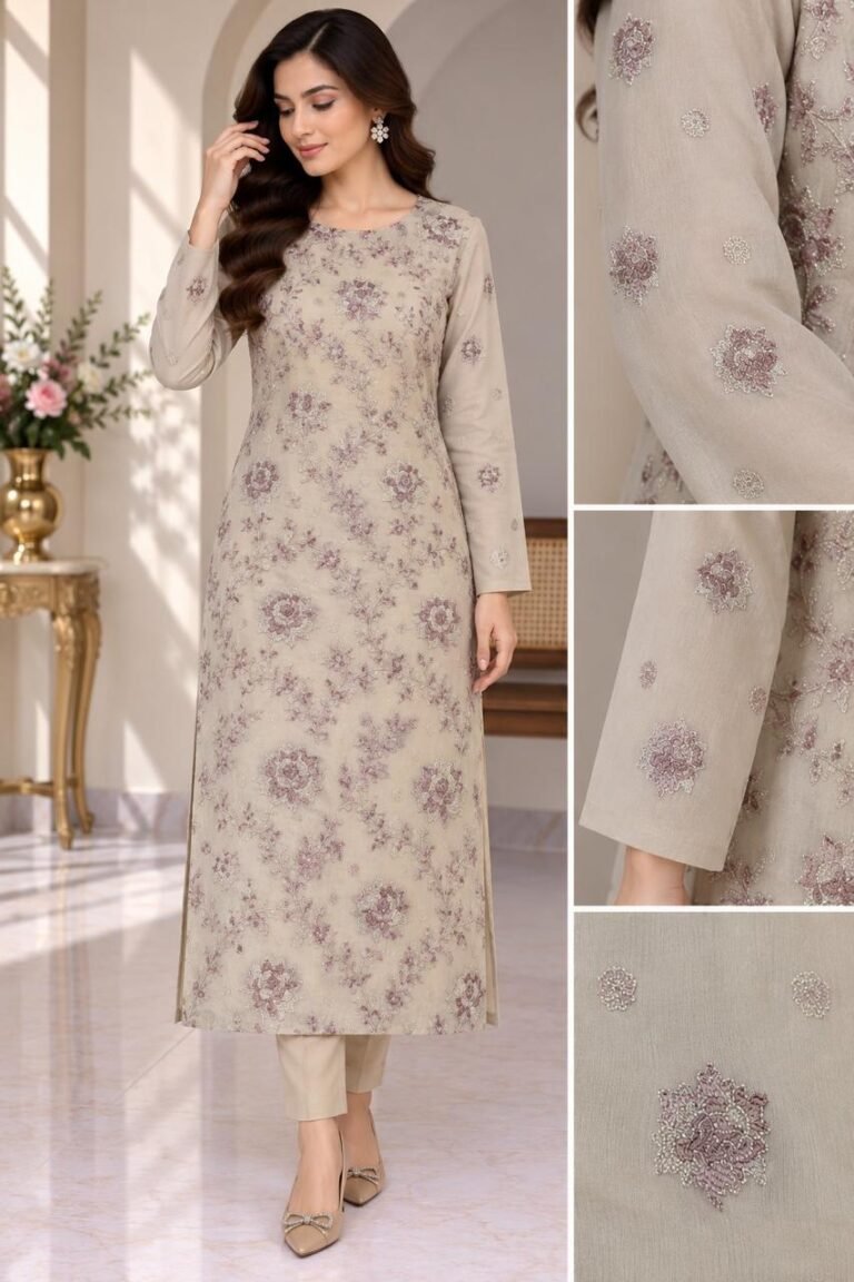 Beige embroidered chiffon 3 piece unstitched suit with floral dupatta and white trouser