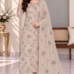 Beige embroidered chiffon 3 piece unstitched suit with floral dupatta and white trouser