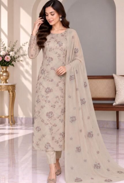 Beige embroidered chiffon 3 piece unstitched suit with floral dupatta and white trouser