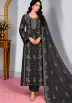 Black embroidered silk 3 piece unstitched Pakistani suit with matching embroidered dupatta