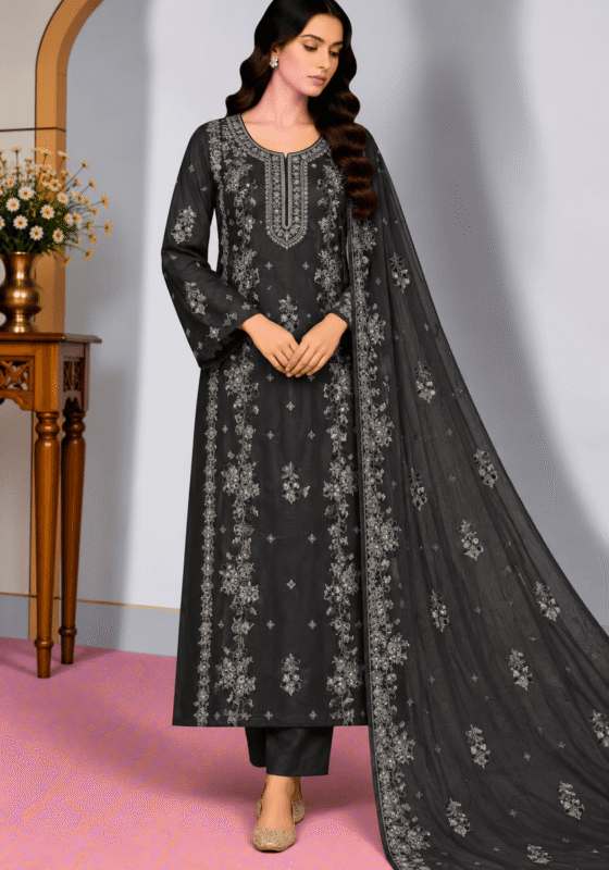 Black embroidered silk 3 piece unstitched Pakistani suit with matching embroidered dupatta