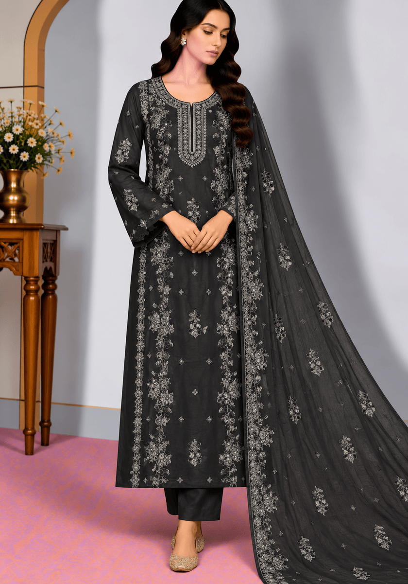 Black Embroidered Silk 3 Piece Unstitched Suit With Dupatta Black embroidered silk 3 piece unstitched Pakistani suit with matching embroidered dupatta