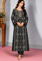 Black silk embroidered shirt with detailed silver floral embroidery and matching sleeves