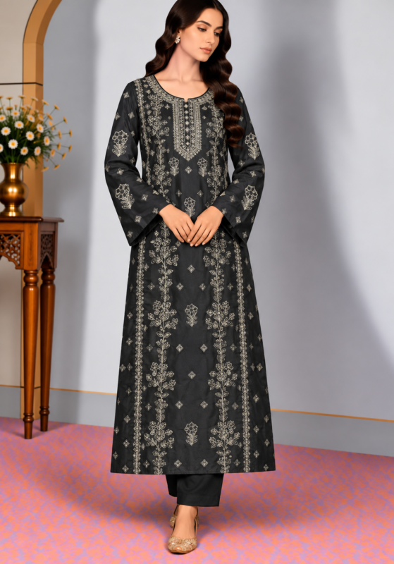 Black silk embroidered shirt with detailed silver floral embroidery and matching sleeves