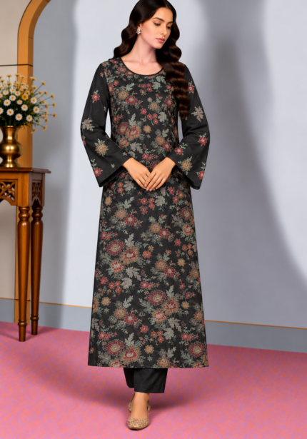 Black floral embroidered Pakistani shirt with multicolor embroidered sleeves