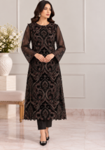 Black net 3 piece suit with velvet embroidered patches and chiffon dupatta
