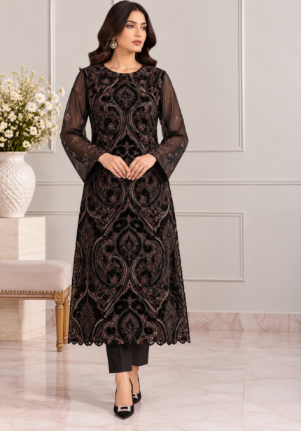 Black net 3 piece suit with velvet embroidered patches and chiffon dupatta