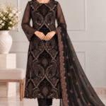 Black net velvet patch embroidered 3 piece suit front pose with chiffon dupatta
