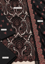 Closeup of black net fabric with velvet embroidered patches and floral motifs