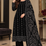 Black velvet cut dana embroidered suit with black palachi shawl