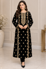 Black velvet embroidered 3 piece suit with gold embroidery and matching velvet trousers