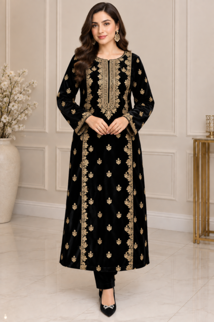 Black velvet embroidered 3 piece suit with gold embroidery and matching velvet trousers