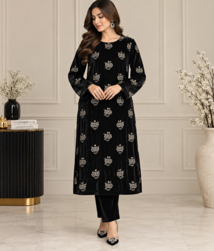 Black velvet embroidered shirt and matching trousers without shawl