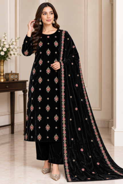 Black velvet embroidered 3 piece suit with matching trousers and palachi shawl