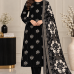 Black velvet embroidered 3 piece suit with embroidered shawl and matching net patches