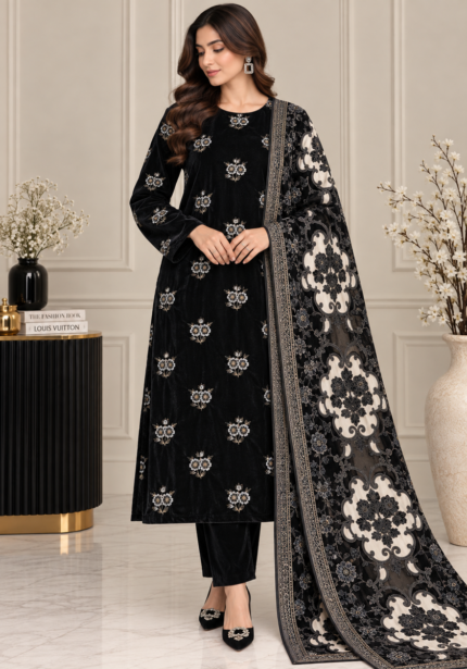 Black velvet embroidered 3 piece suit with embroidered shawl and matching net patches