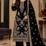 Black velvet 3 piece embroidered suit with matching shawl