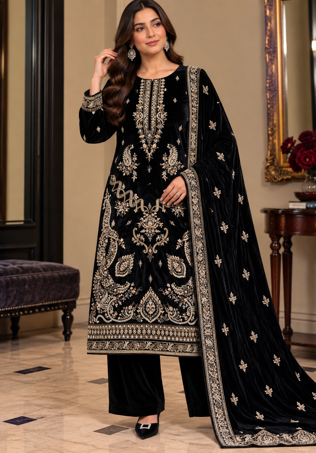 Black Velvet Embroidered 3 Piece Suit with Shawl Black velvet 3 piece embroidered suit with matching shawl