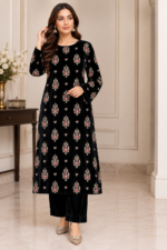 Black velvet embroidered 3 piece suit with matching trousers shown in front pose without dupatta