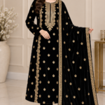 Black velvet dupatta with gold floral motifs and two-sided gold embroidered border