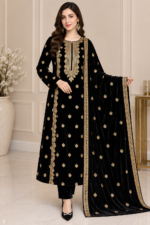 Black velvet dupatta with gold floral motifs and two-sided gold embroidered border
