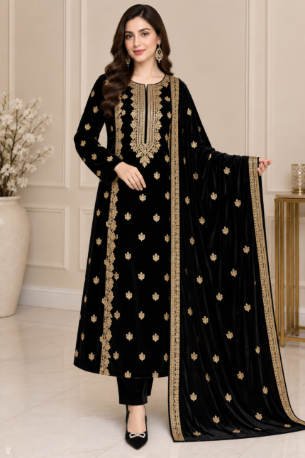 Black velvet dupatta with gold floral motifs and two-sided gold embroidered border
