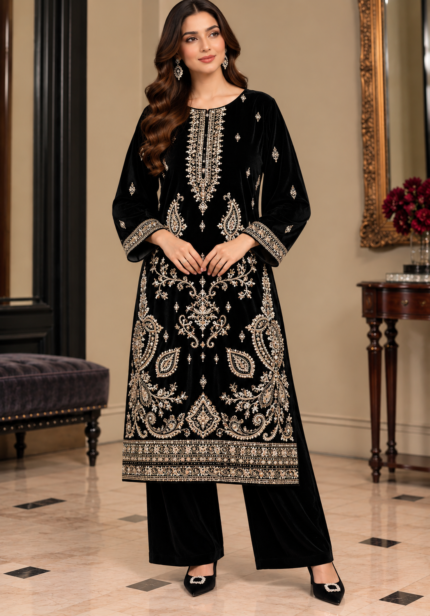 Black velvet handwork embroidered shirt without shawl