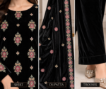 Closeup of black velvet embroidered shirt, matching trouser and palachi shawl details