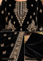 Closeup of handwork embroidery on black velvet shirt