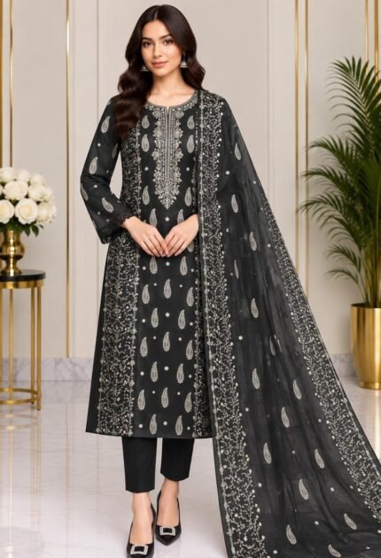 Black embroidered crinkle chiffon 3 piece suit with chiffon dupatta