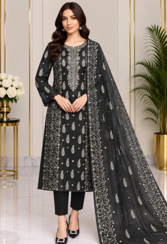 Black embroidered crinkle chiffon 3 piece suit with chiffon dupatta