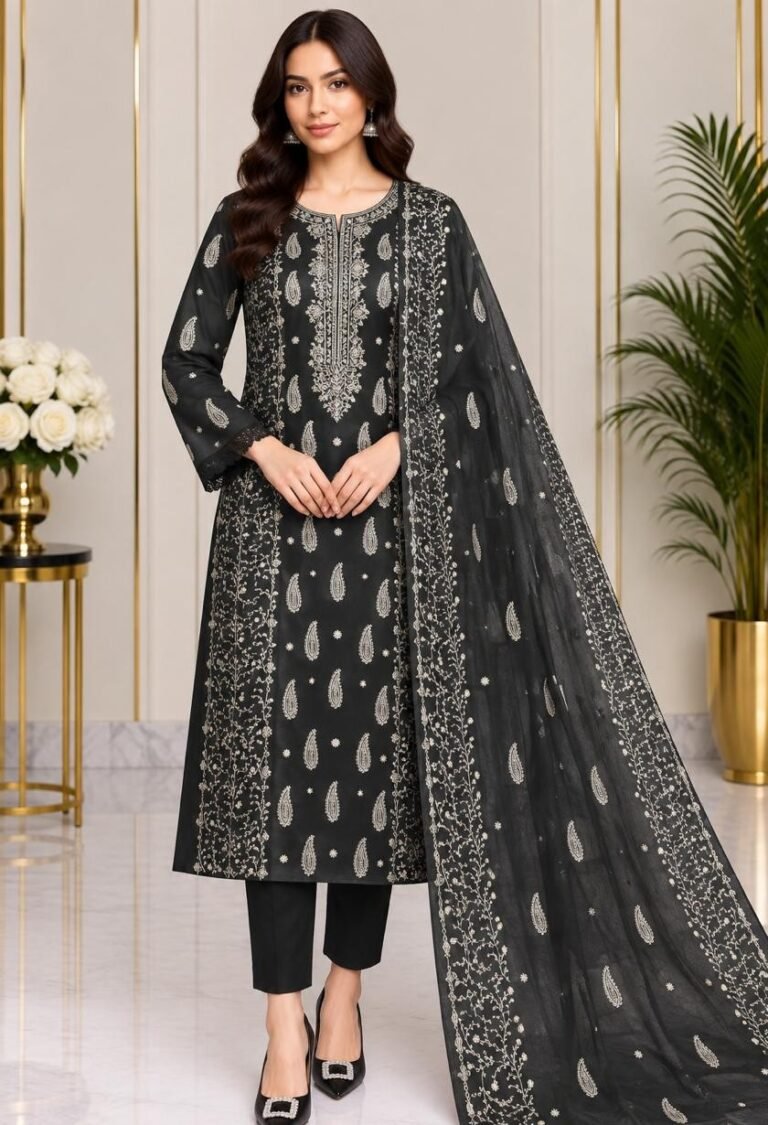 Black embroidered crinkle chiffon 3 piece suit with chiffon dupatta