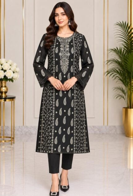 Black embroidered crinkle chiffon 3 piece suit with chiffon dupatta