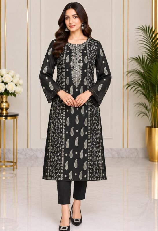 Black embroidered crinkle chiffon 3 piece suit with chiffon dupatta