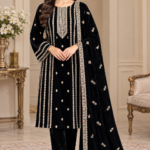 Black embroidered velvet 3-piece unstitched suit with multicolor neckline embroidery, matching velvet dupatta, and trousers.