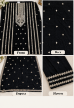 Black embroidered velvet 3-piece unstitched suit with multicolor neckline embroidery, matching velvet dupatta, and trousers.