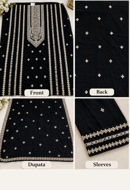 Black embroidered velvet 3-piece unstitched suit with multicolor neckline embroidery, matching velvet dupatta, and trousers.